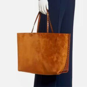 VALENTINO Garavani Rockstud Cognac Brown SUEDE and Leather Tote Bag